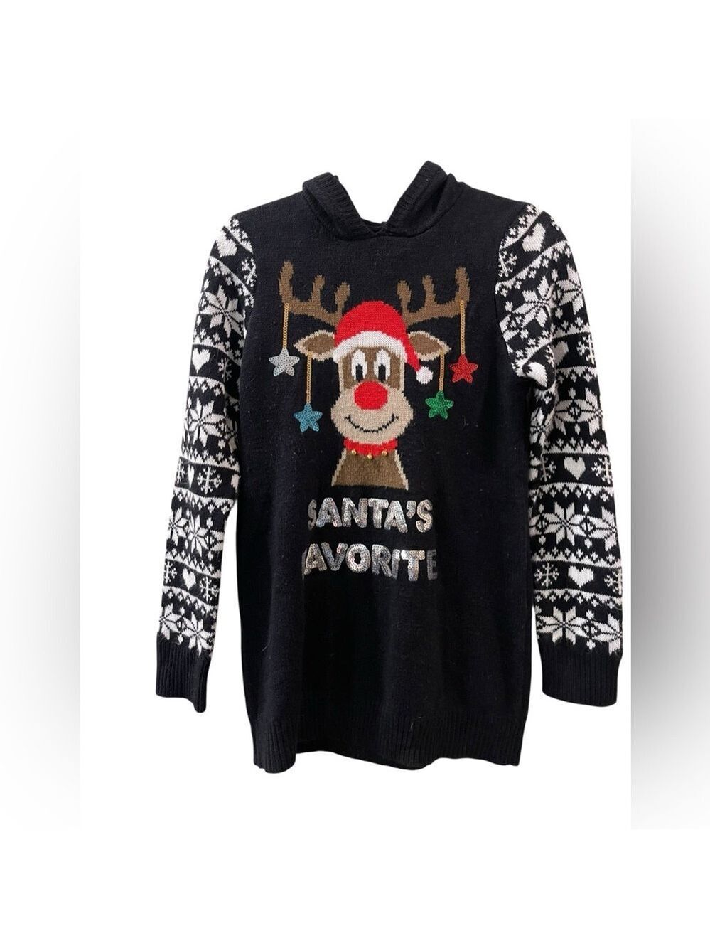 No Boundaries Santa’s Favorite Hooded Reindeer Christmas Sweater Bling  Large